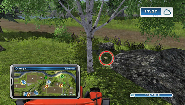 The horseshoe lies between rocks, trees and stumps east of field 5 - Area G: horseshoes #74-#89 - Horseshoes - Farming Simulator 2013 - Game Guide and Walkthrough