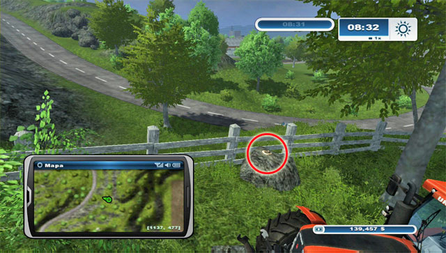 Driving from the town along the road leading north, you should see a fence on the right - Area G: horseshoes #74-#89 - Horseshoes - Farming Simulator 2013 - Game Guide and Walkthrough