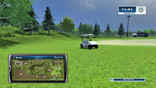 Once of the carts can be found in the middle of the golf course - Golf carts - Farming Simulator 2013 - Game Guide and Walkthrough