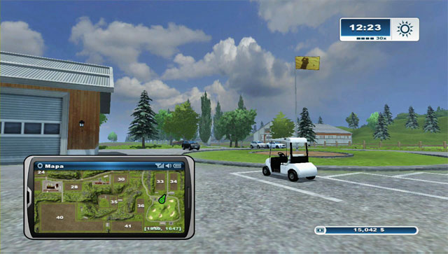 The second cart is nearby the first one, on a parking by the golf course - Golf carts - Farming Simulator 2013 - Game Guide and Walkthrough