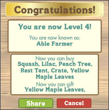 Congratulations after reaching the 4th experience level - Experience - Farm management - FarmVille - Game Guide and Walkthrough