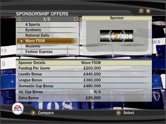 Funding Per Game - cash paid for each match - Choosing a sponsor - Manager Mode - FIFA 07 - Game Guide and Walkthrough