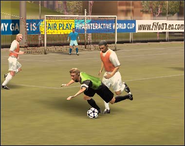 The second kind is a traditional sliding tackle, which can be performed by pressing [A] (new configuration - [D]) - Defence and fouls - Movement on the pitch - FIFA 07 - Game Guide and Walkthrough