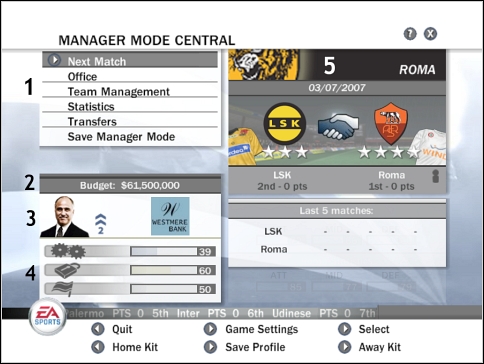 Manager Mode main menu. - Club - Manager mode - FIFA 08 - Game Guide and Walkthrough