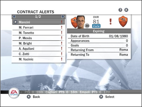 Contract Alerts menu will inform about contracts expiring In next months - Working with players - Manager mode - FIFA 08 - Game Guide and Walkthrough