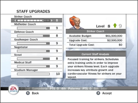 Striker Coach - train players from front formations - Office - Infrastructure - Manager mode - FIFA 08 - Game Guide and Walkthrough