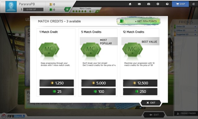 Match Credits buying panel in the League Teams mode - Match Credits - League Teams - FIFA World - Game Guide and Walkthrough