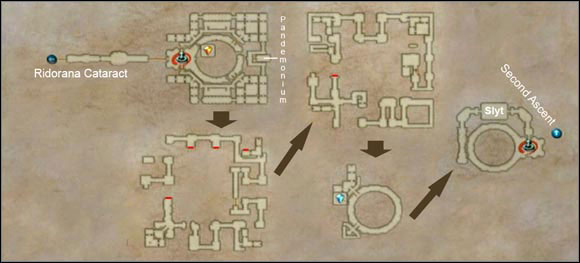 The arrows show the order of beating each floor and the red lines show locations of the fake walls. - Pharos at Ridorana - First Ascent - Part III - Final Fantasy XII - Game Guide and Walkthrough
