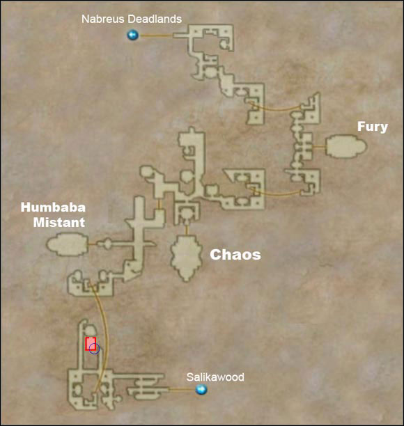 Hidden area is marked in red. Blue circle shows the location of Baknamy Merchant's shop. - Necrohol of Nabudis - Additional Locations - Final Fantasy XII - Game Guide and Walkthrough