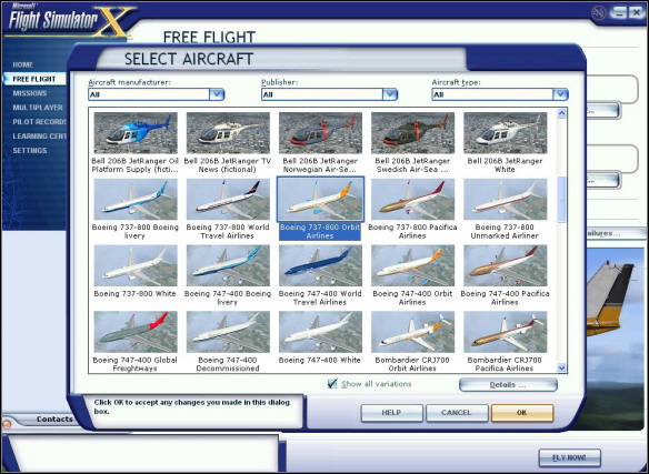 Aircraft selection menu. - Aircraft selection - Exemplary flight: Boeing 737-800 - Flight Simulator X - Game Guide and Walkthrough