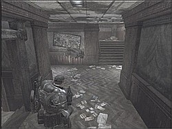 There's a sniper in the place you can see on the screenshot - Act IV: Campus Grinder - Walkthrough - Gears of War (PC) - Game Guide and Walkthrough