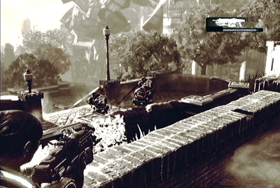 When you passed it run to the wall, cover behind it (press A button) and start shooting at the enemies standing in the bottom - Prologue - Troubled Past - Act I - Gears of War 3 - Game Guide and Walkthrough