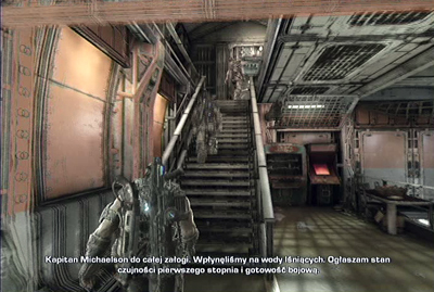 When the cut-scene ends go to the steps on the end of corridor, march on higher floor and continue with another staircase - Chapter 1 - Anchored - Act I - Gears of War 3 - Game Guide and Walkthrough