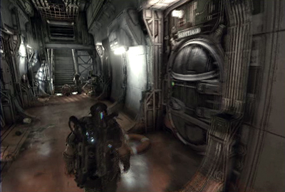 Back to the corridor and pass through the door with green light, which are on the right side of the passage - Chapter 1 - Anchored - Act I - Gears of War 3 - Game Guide and Walkthrough