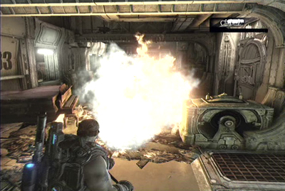 Pick up extinguisher from the ground and use it to extinguish fire in the hallway - Chapter 1 - Anchored - Act I - Gears of War 3 - Game Guide and Walkthrough
