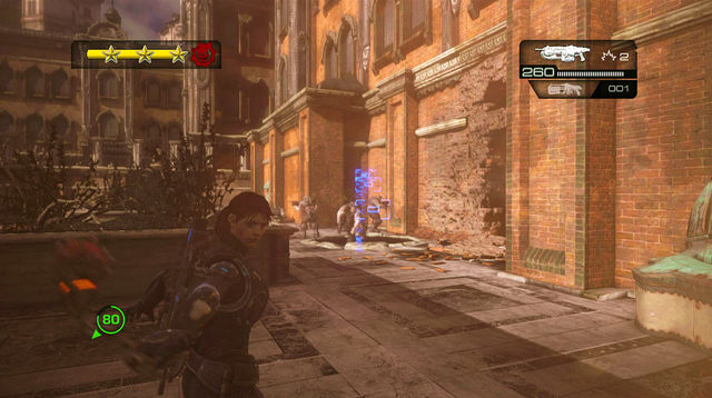 After getting to the further part of the courtyard, the robot will shield itself again - Monroe Commons - Halvo Bay Military Academy - Gears of War: Judgment - Game Guide and Walkthrough