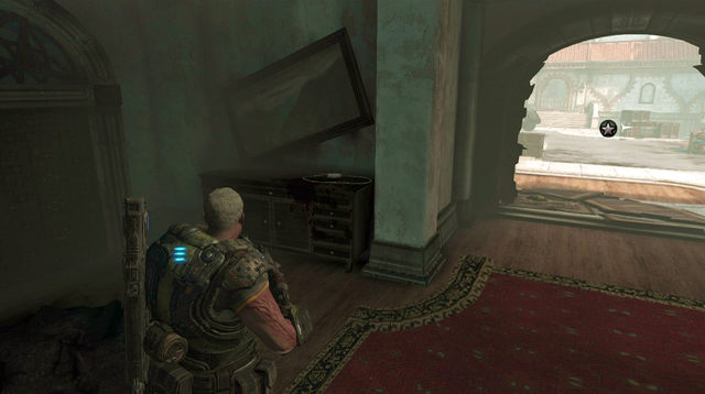 After eliminating the enemy, go down the stairs and turn to the left passage (under the balcony where you were using the mortar) - Guest Bungalows - Seahorse Hills - Gears of War: Judgment - Game Guide and Walkthrough