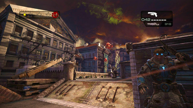 Pick up ammo left by dead enemies and use the catwalk on the left to get to the next rooftop - State Street Rooftops - Downtown Halvo Bay - Gears of War: Judgment - Game Guide and Walkthrough