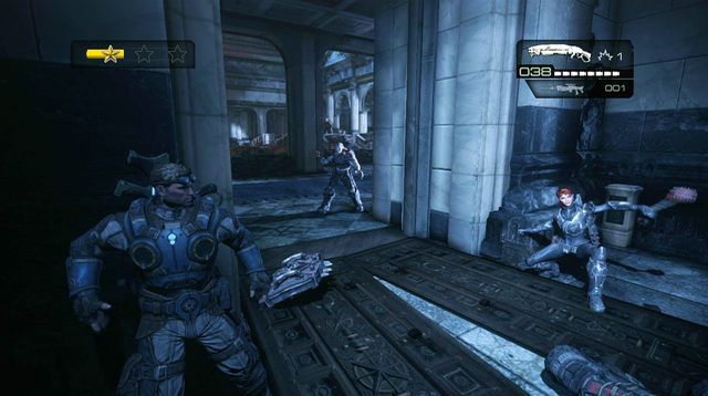 There is a declassified mission symbol on the wall near the hole - Halls of Judgment - The Courthouse - Gears of War: Judgment - Game Guide and Walkthrough