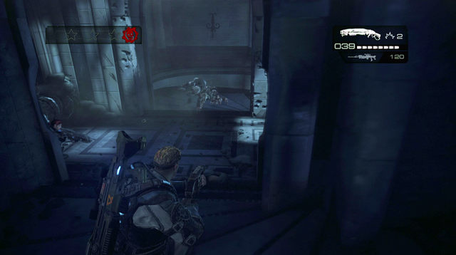There is a declassified mission symbol on the right wall - Terrace - The Courthouse - Gears of War: Judgment - Game Guide and Walkthrough
