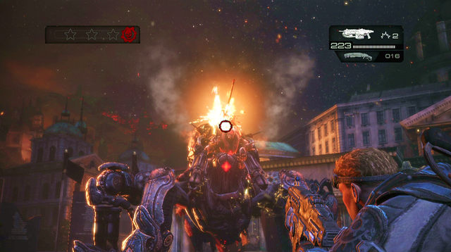 There is a declassified mission symbol on the block to the left - Plaza for the Tyran Dead - The Courthouse - Gears of War: Judgment - Game Guide and Walkthrough