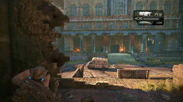You have to get to the other side again and run inside the building though the hole on the corner - One Step Closer - Aftermath - Gears of War: Judgment - Game Guide and Walkthrough