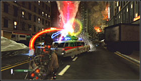 Wait for Stay Puft to destroy nearby cars, unlocking a passageway - Level 2: Times Square - part 1 - Walkthrough - Ghostbusters The Video Game - Game Guide and Walkthrough