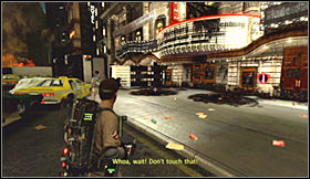 Return to the area where Ecto 1 is parked and begin moving towards one of the main streets of New York - Level 2: Times Square - part 1 - Walkthrough - Ghostbusters The Video Game - Game Guide and Walkthrough