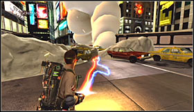Make a few steps towards Stay Puft and use this free time to destroy some of the nearby cars - Level 2: Times Square - part 2 - Walkthrough - Ghostbusters The Video Game - Game Guide and Walkthrough