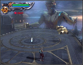 Your goal in this boss battle is to get the sword that's stuck in the stone in the middle of the arena - Rhodes - Walkthrough - God of War 2 - Game Guide and Walkthrough