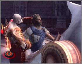 When the situation is under control, grab the translator and force him to read the spell by tapping O - Auditorium of Lahkesis - Walkthrough - God of War 2 - Game Guide and Walkthrough