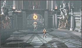 After you damage him enough you will be pushed back and he will stand under the gate with a QTE symbol above his head - Walkthrough - The Forum - Walkthrough - God of War 3 - Game Guide and Walkthrough