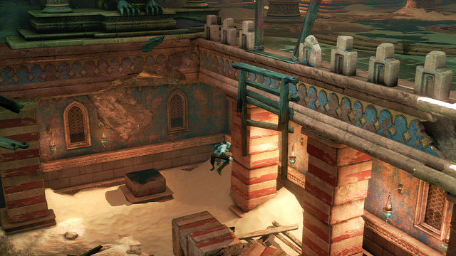 Use the debris to jump onto wooden beams and enter the higher level - Broken bridge, Roller-Riddle and Medusa - Chapter 5: The Village of Kirra - God of War: Ascension - Game Guide and Walkthrough