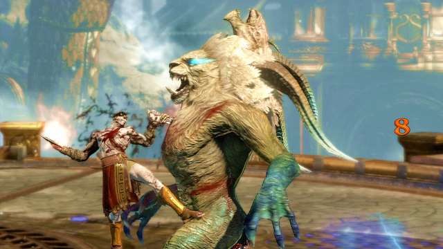 In the second phase, it stands on two legs and begins attack with hands and cones of ice - Chimera fight - Chapter 7: The Tower of Delphi - God of War: Ascension - Game Guide and Walkthrough