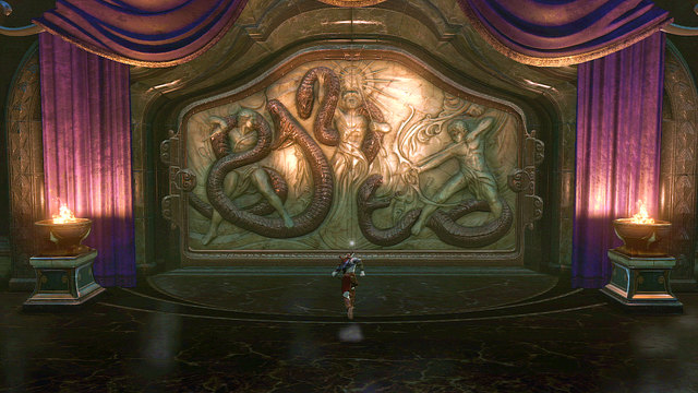 At the top of the stairs you find: locked door on right, a fountain with green gas on left and a relief in front of you - Fight with Cerberus - Chapter 10: The Temple of Delphi - God of War: Ascension - Game Guide and Walkthrough