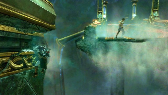 When you see a green light at a columns joint, catch it, run a bit and next grab sticks you to the wall - Walkthrough - Chapter 12: The Oracles Chamber - God of War: Ascension - Game Guide and Walkthrough