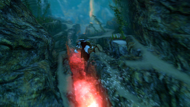 Jump to the water, return a bit and follow the red gleam - Walkthrough - Chapter 15: The Grotto - God of War: Ascension - Game Guide and Walkthrough