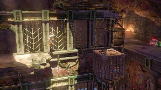 Now you can safely jump on a metal cage and get to the green and red chest - Walkthrough - Chapter 17: Martyrs Chamber - God of War: Ascension - Game Guide and Walkthrough