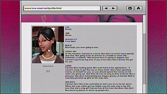 Carmen, like Kiki, is availiable through the dating service love meet, where she's under the nickname SoboHoe - Dates - Side-missions - Grand Theft Auto IV - Game Guide and Walkthrough