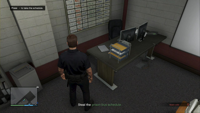 The schedule is on the desk in the corner - you only need to pick it up and leave, without being seen - Heist 2: Prison Break - Heists (DLC) - Grand Theft Auto Online - Game Guide and Walkthrough