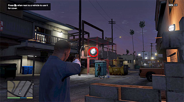 Quickly, position yourself next to the garage's wall to prevent taking damage unnecessarily, as a result of staying out in the open - 3: Repossession - Main missions - Grand Theft Auto V - Game Guide and Walkthrough