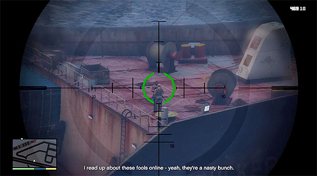 Wait for the game to cut to Franklin and take the vantage point near the stairs - 32: The Merryweather Heist - the Freighter variant - Main missions - Grand Theft Auto V - Game Guide and Walkthrough