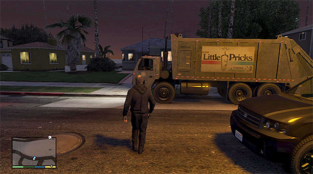 You can either cut the trash truck's way, or wait for it to stop - 38: Trash Truck - Main missions - Grand Theft Auto V - Game Guide and Walkthrough