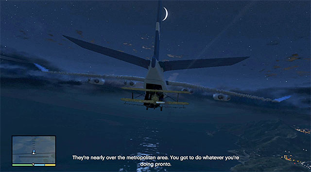 Wait until the moment when you receive a piece of information of the sufficient distance from the military base, at which point you can start going up to come near the cargo plane - 49: Minor Turbulence - Main missions - Grand Theft Auto V - Game Guide and Walkthrough