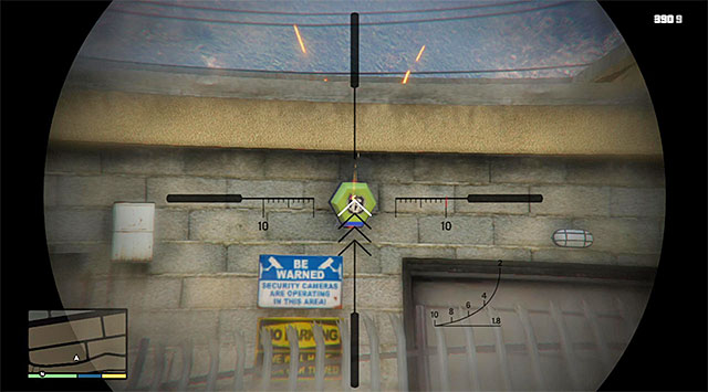Get out of the car and use a weapon (a scoped one would be best) to destroy the alarm shown in the above screenshot, which has been mounted onto the bank's wall - 51: Paleto Score Setup - Main missions - Grand Theft Auto V - Game Guide and Walkthrough