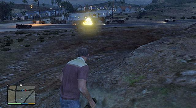 You can detonate the bomb right before the off-road car in the convoy, or blow it up - 52: Military Hardware - Main missions - Grand Theft Auto V - Game Guide and Walkthrough