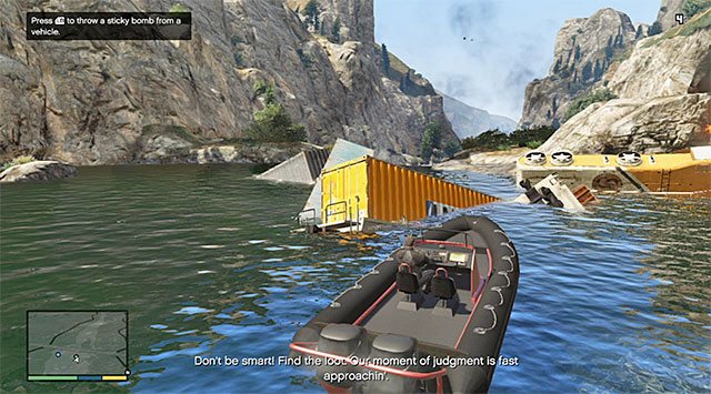 Wait until you cut to Michael and set out, on the boat (Nagasaki Dinghy), towards the more distant of the two bridges that you can see in the distance - 55: Derailed - Main missions - Grand Theft Auto V - Game Guide and Walkthrough