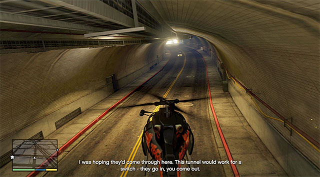 Towards the end of this phase, the vans will drive into a tunnel and, if you are planning on completing this mission in 100%, you need to fly into that tunnel also (the above screenshot) - 58: Surveying the Score - Main missions - Grand Theft Auto V - Game Guide and Walkthrough
