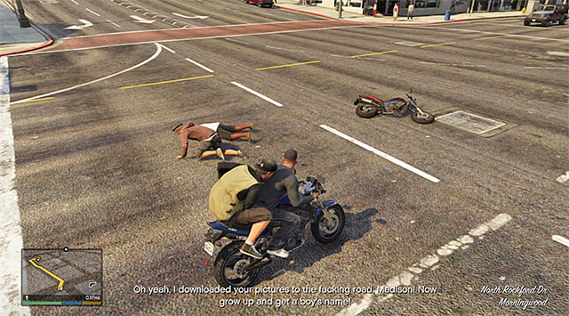 Knocking Madison off requires getting close to his bike. - Paparazzo - Strangers and Freaks missions - Grand Theft Auto V - Game Guide and Walkthrough