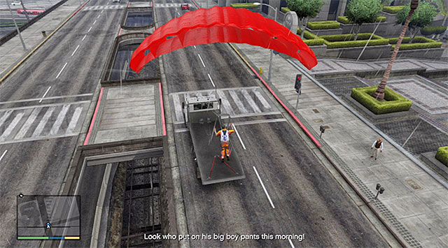 The mission proper is very short and it assumes landing on the flatbed of the truck shown in the screenshot, after jumping off the skyscraper's roof - Targeted Risk - Strangers and Freaks missions - Grand Theft Auto V - Game Guide and Walkthrough